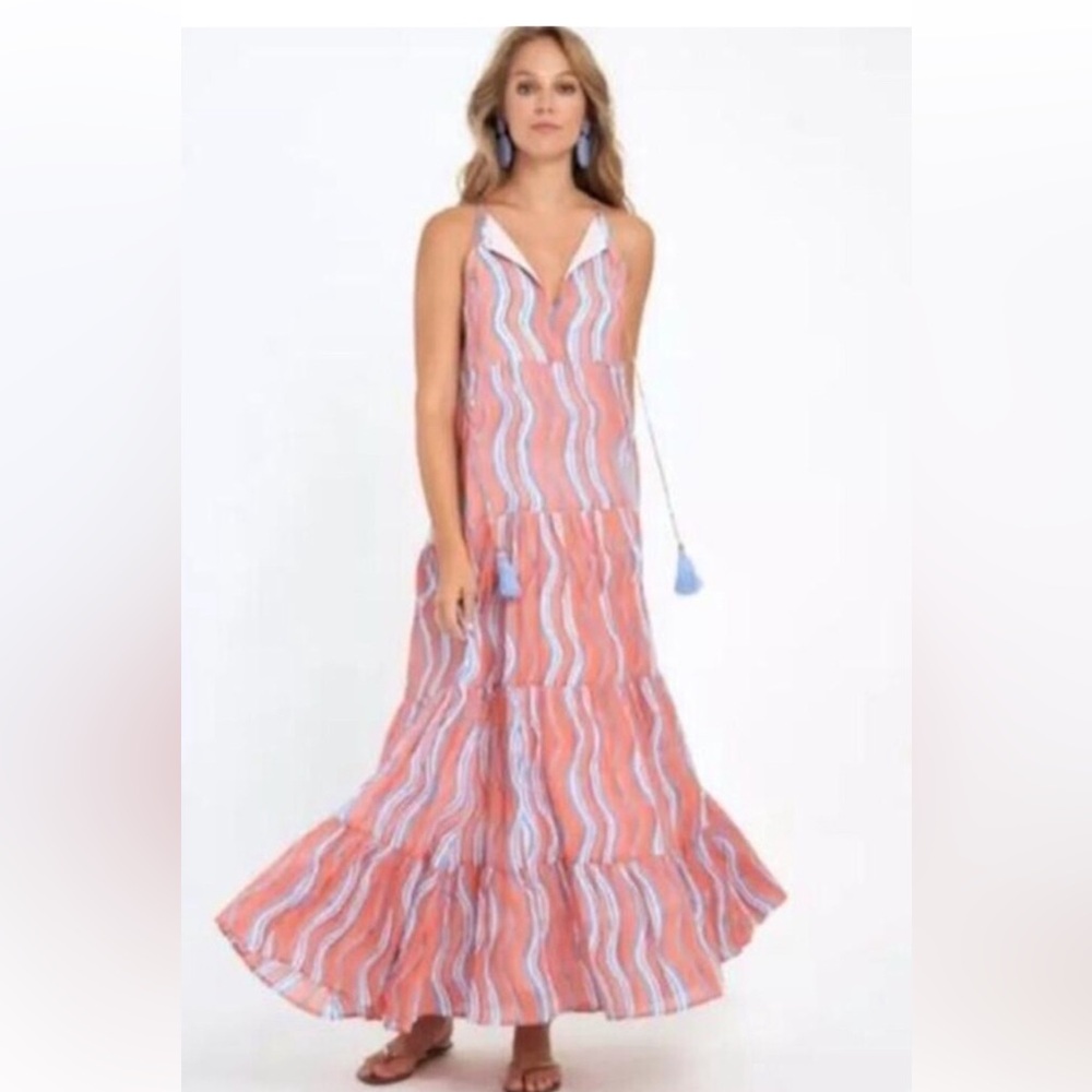 Oliphant Long Tiered Wave Coral  Maxi Dress Medium